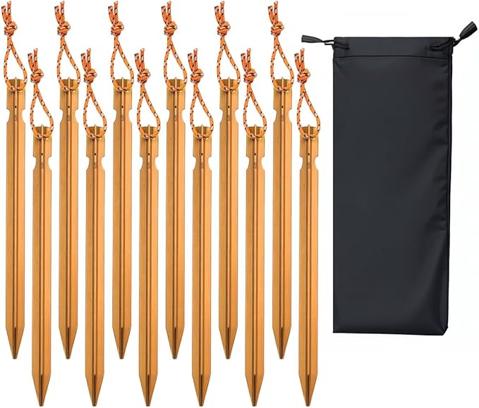 12 Pack Tent Stakes, 7-inch Ultralight Aluminum Ground Pegs with Reflective Pull Ropes, Tri-Beam Stakes in a Carrying Bag, for Camping, Backpacking, Hiking Tent, Hammocks and Canopy (Orange)