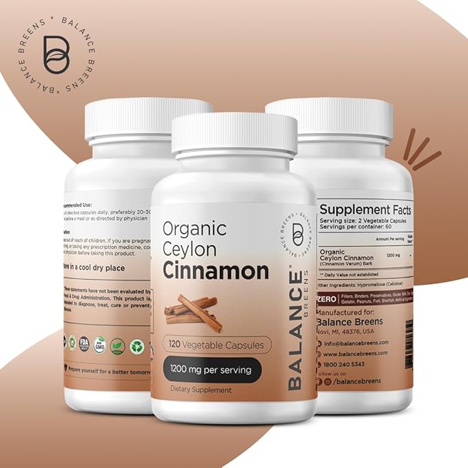Balance Breens Organic Ceylon Cinnamon 1200mg + Pure Hyaluronic Acid 250mg with Vitamin C 50mg Supplement Combo
