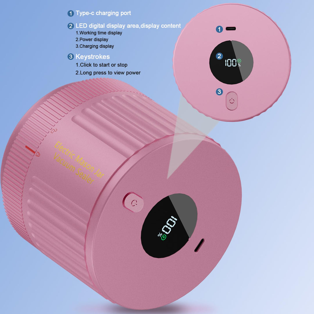 LOVE MOMENT Electric Mason Jar Vacuum Sealer Kit for Wide Mouth and Regular Mouth Mason Jar - Pink