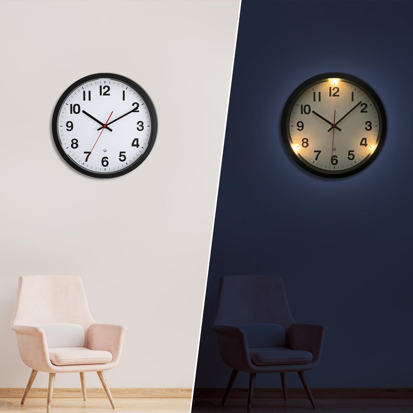 eYotto Lumineux Horloge Murale Night Light Wall Clock, 12 Inch Glow in The Dark Silent Wall Clocks Battery Operated Battery Operated Decor for Bedroom Kitchen Living Room Bathroom Gift