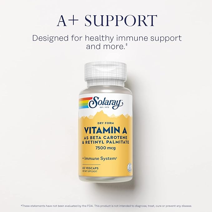 SOLARAY Dry Form Vitamin A - Vitamin A as 60% Beta Carotene and 40% Retinyl Palmitate with Carrot Powder - Eyes, Antioxidant Activity, and Immune System Support - 60 Servings, 60 VegCaps