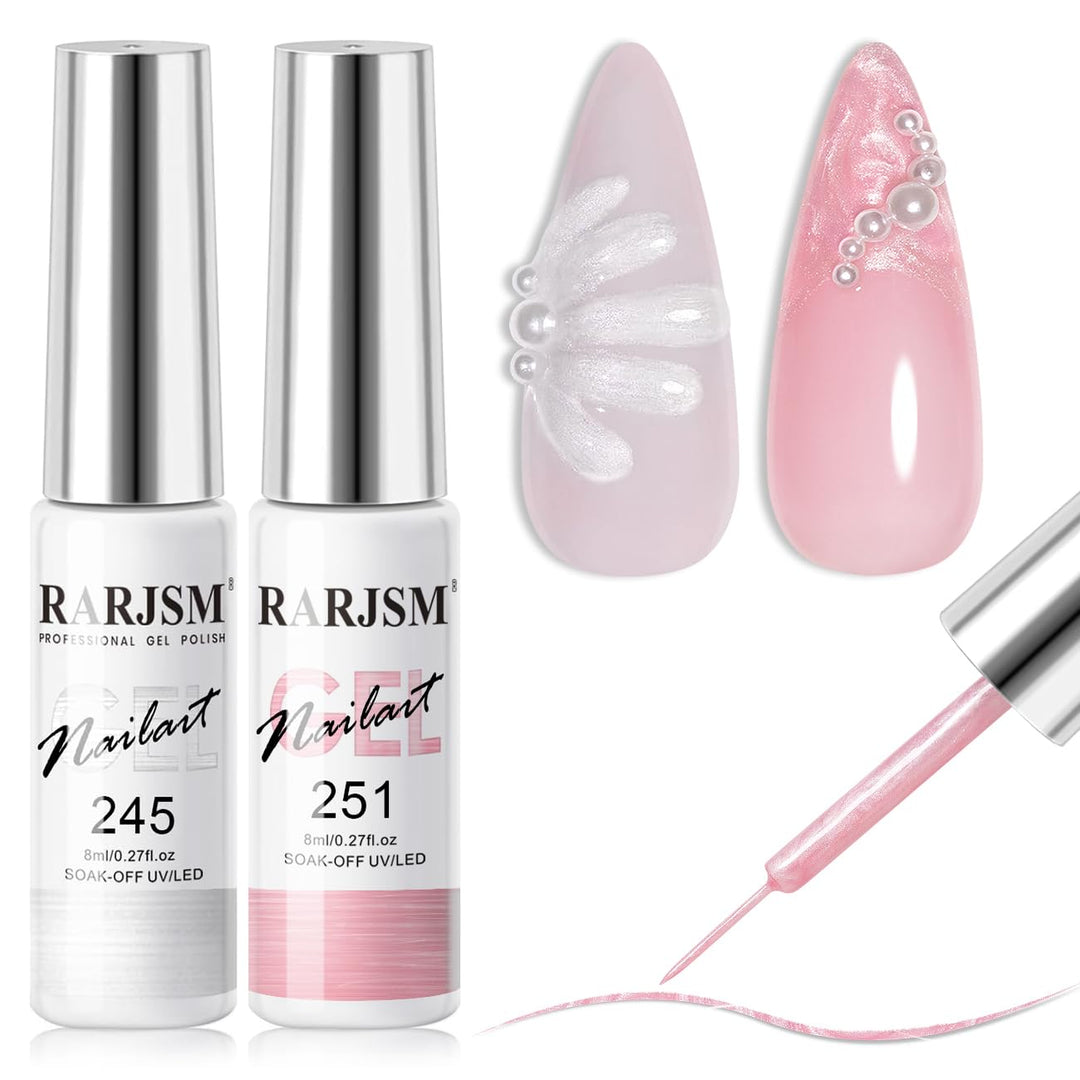 Rarjsm Pearl Nail Art Gel Liner 2 Pcs Set Pearlescent Milky Silver White And Pink Shell Glitter Swirl Effect Gel Nail Polish 8Ml
