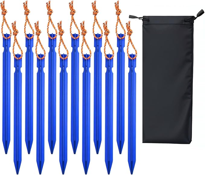 12 Pack Tent Stakes, 7-inch Ultralight Aluminum Ground Pegs with Reflective Pull Ropes, Tri-Beam Stakes in a Carrying Bag, for Camping, Backpacking, Hiking Tent, Hammocks and Canopy (Blue)