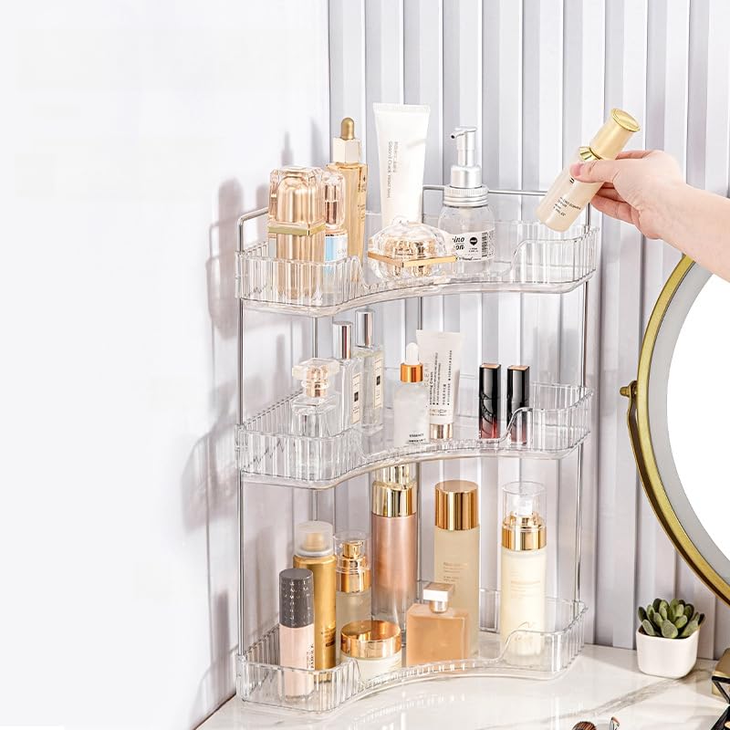 Corner Bathroom Counter Organizer, Vanity Trays for Skincare Makeup, 3-Tier Shelf for Cosmetics, Toiletries, Lotions, Perfumes (Clear)