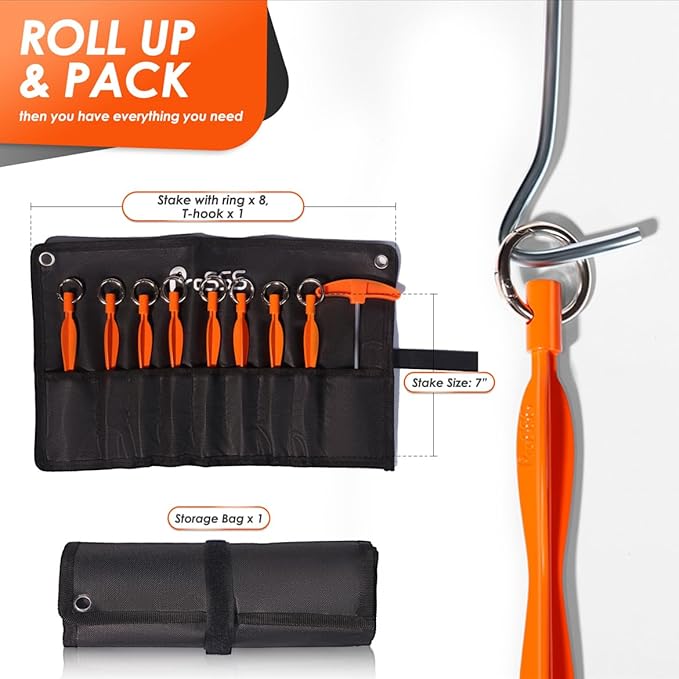 8 Pack Heavy Duty Tent Stakes, 7" Wave-Shaped Ultralight Tri-Beam Stakes with Storage Bag & 1 Stopper T Pull Hook