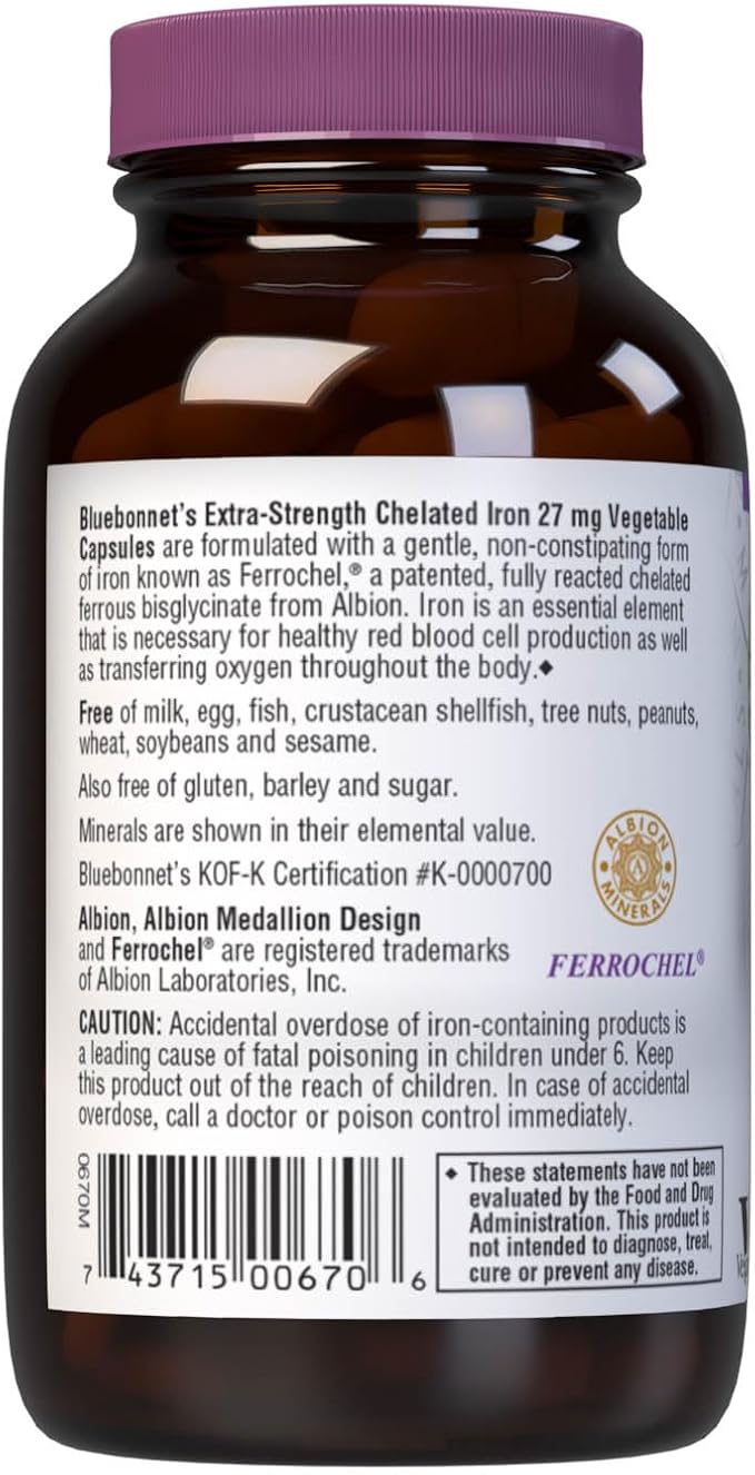 Bluebonnet Nutrition Albion Extra-Strength Chelated Iron 27 mg, For Healthy Red Blood Cell production*, Soy-Free, Gluten-Free, Non-GMO, Kosher, Dairy-Free, Vegan, 90 Vegetable Capsule, 90 Serving