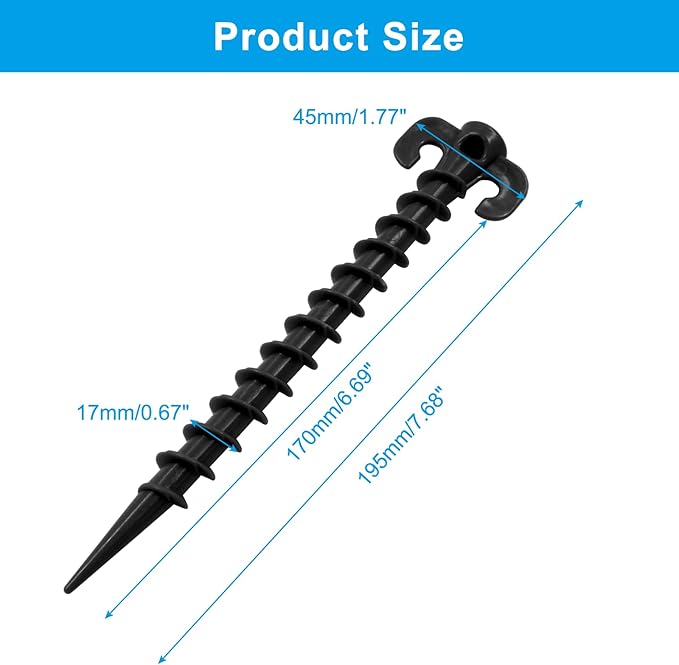 8 Pcs Plastic Tent Stakes, 8 Inch Heavy Duty Screw Stakes for Camping, Backpacking, Gardening, Black