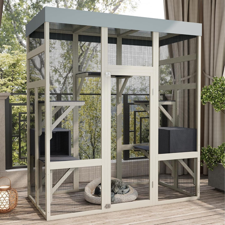 62.6 Inch Outdoor Cat House Big Catio Wooden Cat Shelter with Platforms, with 5 Platforms and 2 Rest Boxes, Upgraded Waterproof Cover, Rust-Proof Wire, Gray