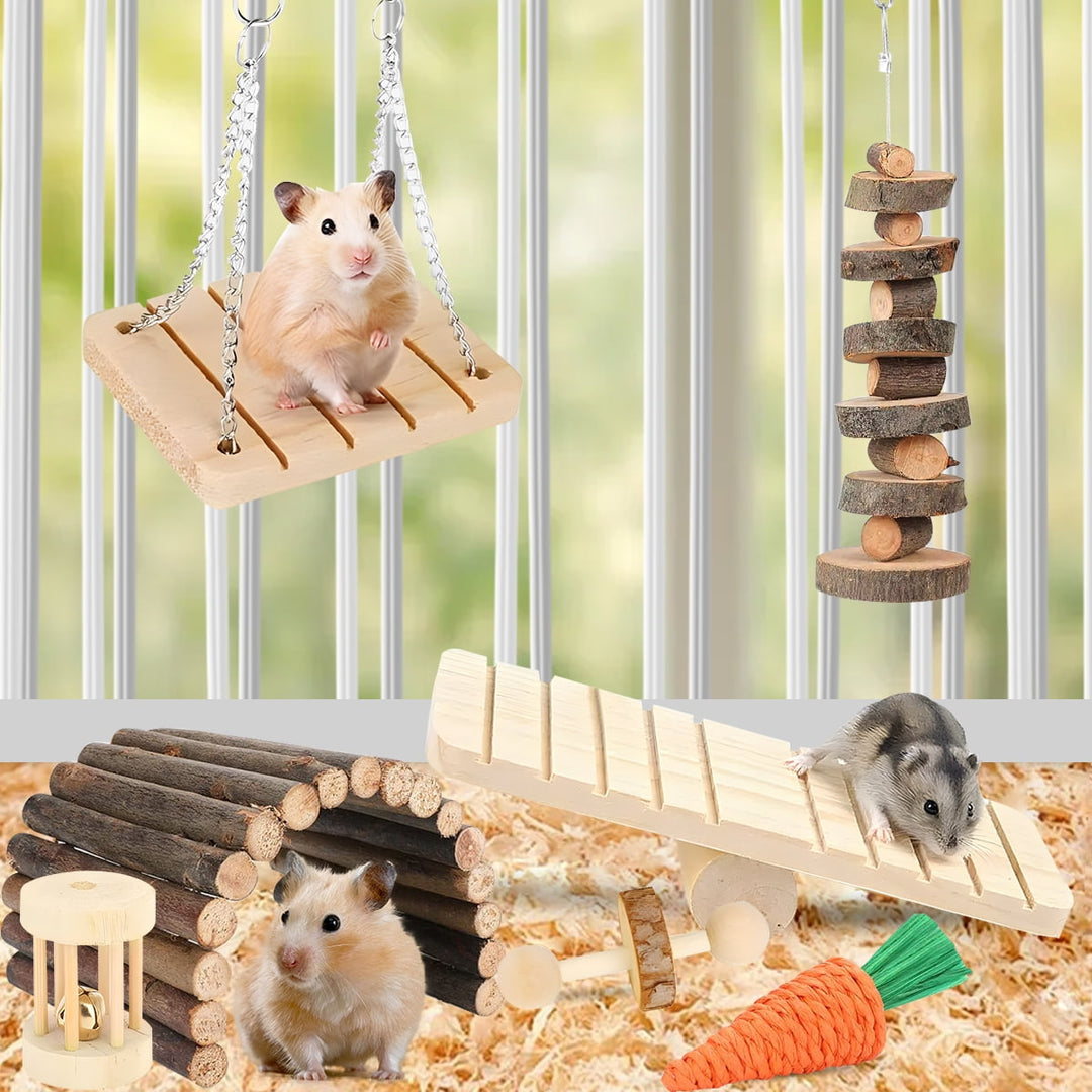 Hamster Chew Toys Rabbit Toys  Guinea Pig Chew Toys Set ,Hamster Molar Toys Teeth Toy ,Swing Seesaw Bridge for Chinchillas Bunnies (wood 58pcs)
