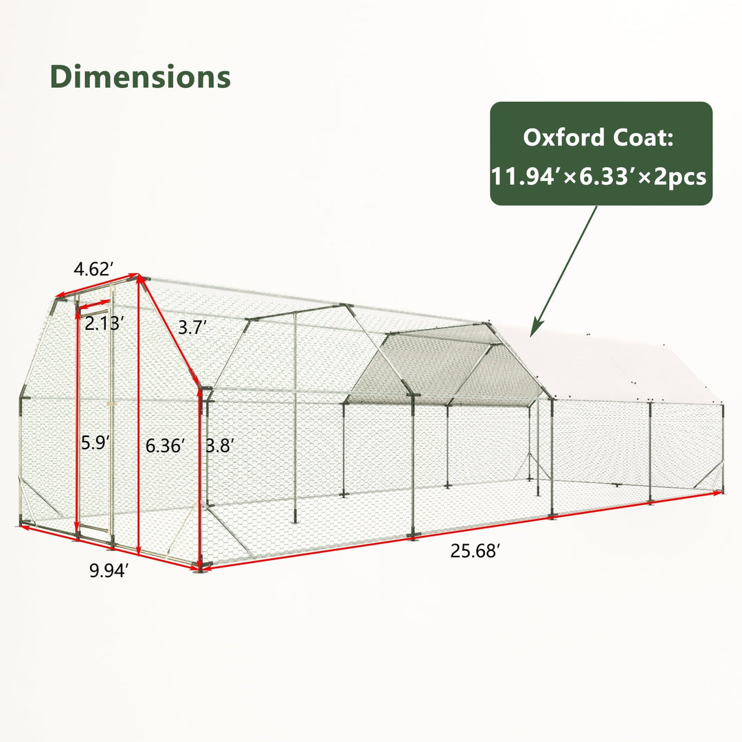 Coowa Galvanized Large Metal Walk-in Chicken Coop Cage Farm Poultry Run Hutch Hen House 9.94 ft x 25.68 ft