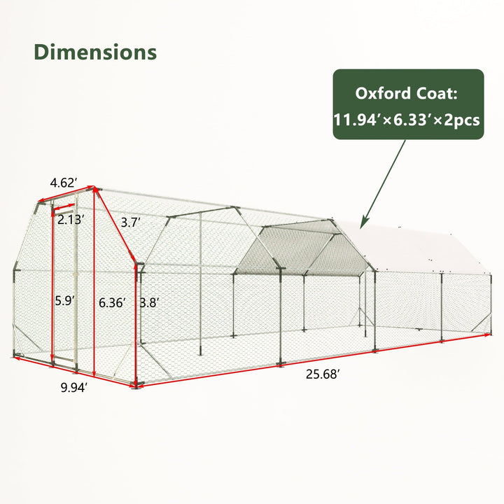 Coowa Galvanized Large Metal Walk-in Chicken Coop Cage Farm Poultry Run Hutch Hen House 9.94 ft x 25.68 ft
