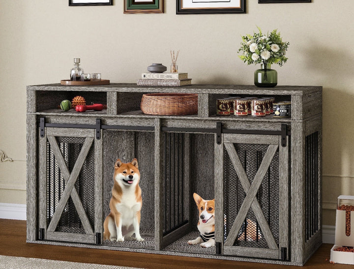 63" Double Dog Crate furniture for 2 Large Dogs, Farmhouse Style Dog Cage TV Stand with Sliding Door, Dog Kennel Indoor with Removable Divider, Grey