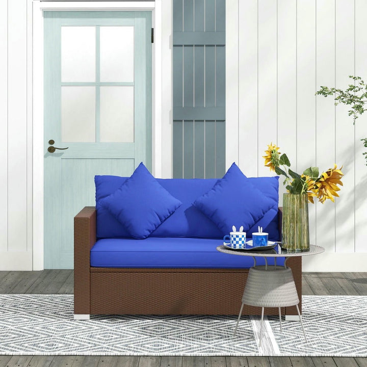 GVN Outdoor Couch Patio Sofa,Wicker Loveseat, Patio Furniture Couch with Cushions, 2 Seat PE Rattan Sofa, 2 Throw Pillows, Blue