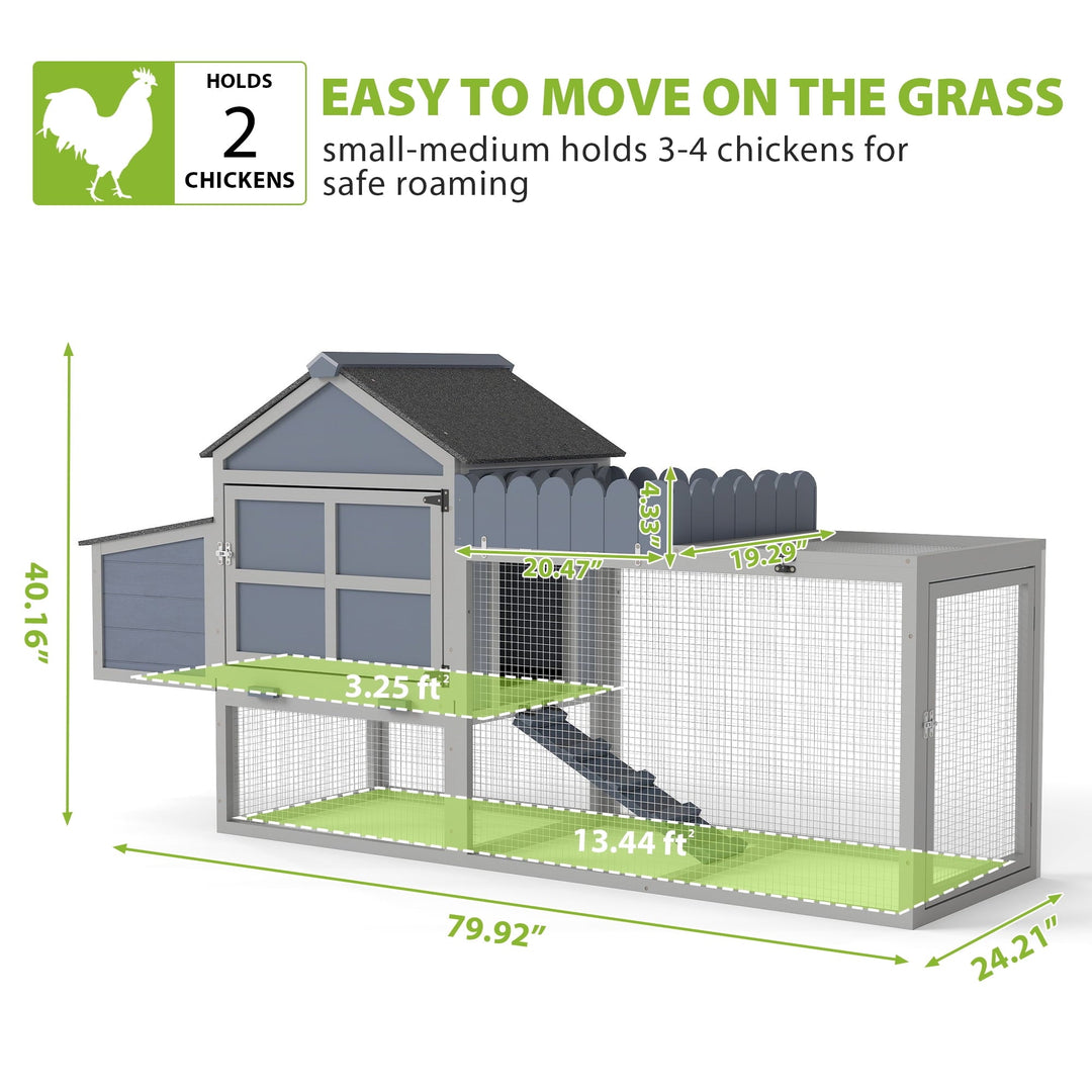 80" Outdoor Wood Chicken Coop, 2-Tier Hen House with Nesting Box, Resting Area, Run, Planter, Openable PVC Roof, Doors, Easy-to-Clean Tray, Backyard Patio Poultry Habitat, Gray