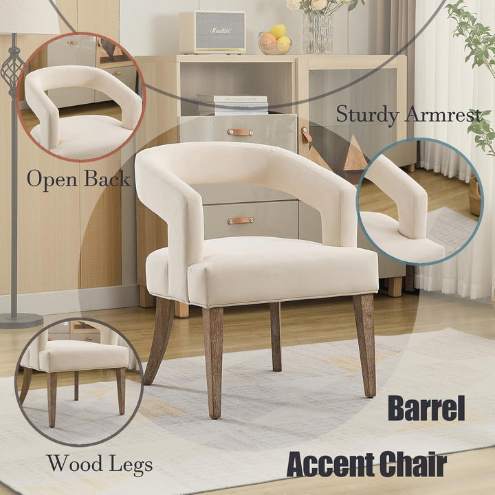 Qiushi 25.79" Wide Modern Barrel Open Back Upholstered Velvet Armchair Accent Chair with Weathered Solid Wood Legs Dining Chairs for Dining Room, Club, Kitchen, Living Room Café, Beige