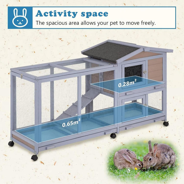 Rabbit Cage, Critter Cage, Two Tier 58" Wheeled Wooden Bunny Cage, Rabbit Hutch Outdoor with Waterproof Roof & 3 Sliding Bottom Trays for Easy Cleaning, Multi-Door Design, Grey