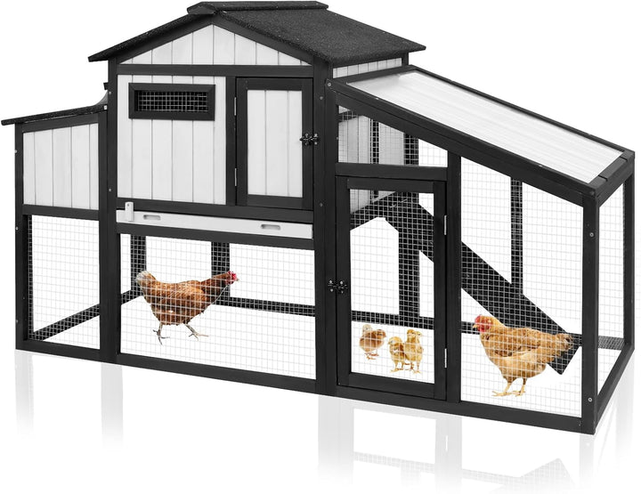 65.3"L Chicken Coop and Run, Expandable Wooden Hen House for 1-2 Chickens, 2 Story Poultry Cage with Nesting Box, Pull-Out Tray, Perches Indoor/Outdoor Pet Hutch Backyard Use, Combinable, Black