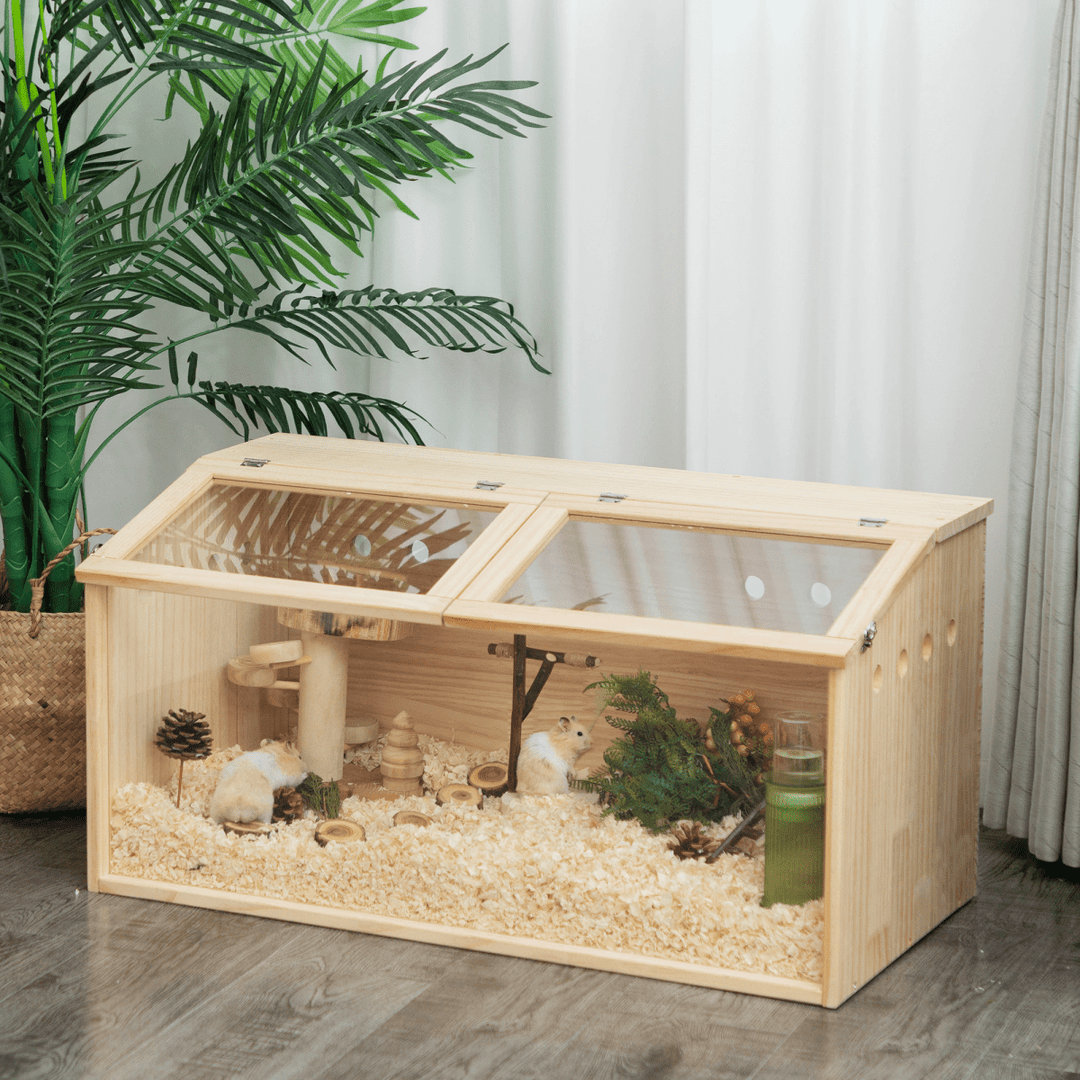 Wooden Hamster Cage, 31.5" Transparent Small Animal Cage Habitat Hutch for Siberian Hamster, Guinea Pig, Gerbils,Little Rabbits