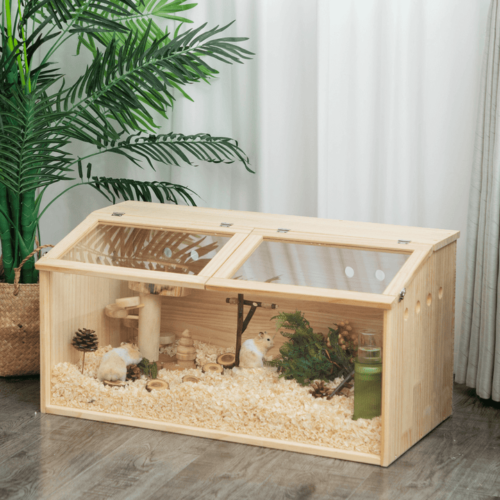 Wooden Hamster Cage, 31.5" Transparent Small Animal Cage Habitat Hutch for Siberian Hamster, Guinea Pig, Gerbils,Little Rabbits