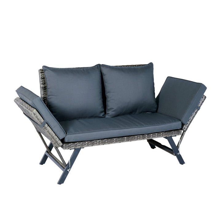 Patio Seating 1 PCS Patio Wicker Side Foldable Bench Patio Backyard Conversation Bench Grey Wicker + Dark Grey Cushion,Outdoor Seating