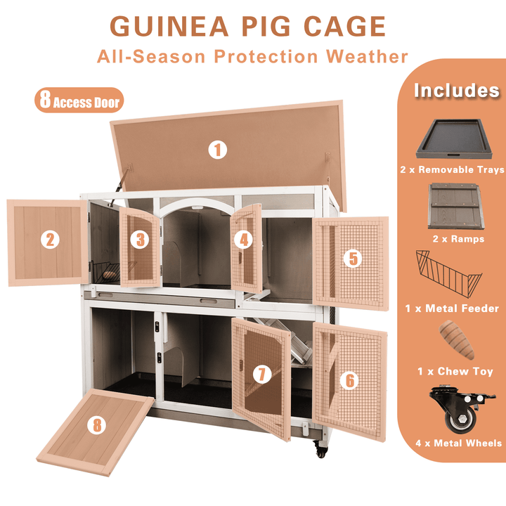 Gowoodhut Guinea Pig Cage Indoor Wooden 2-Story Rabbit Hutch on Wheels for Small Animals, Gray