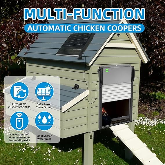 Automatic Chicken Coop Door Solar Powered with Timer, Programmable Light Sensor Openers with Remote Control, Anti-Pinch Aluminum Auto Chicken Coops Doors with 5 Modes for Farm, Outdoor, Yard, Gray