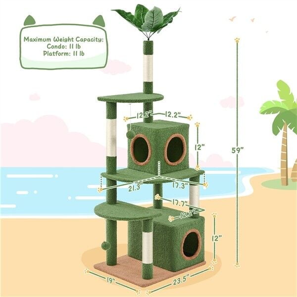 Cat Tree Tower with Palm Leaf Fluffy Balls Scratching Posts Cat Furniture 59inch