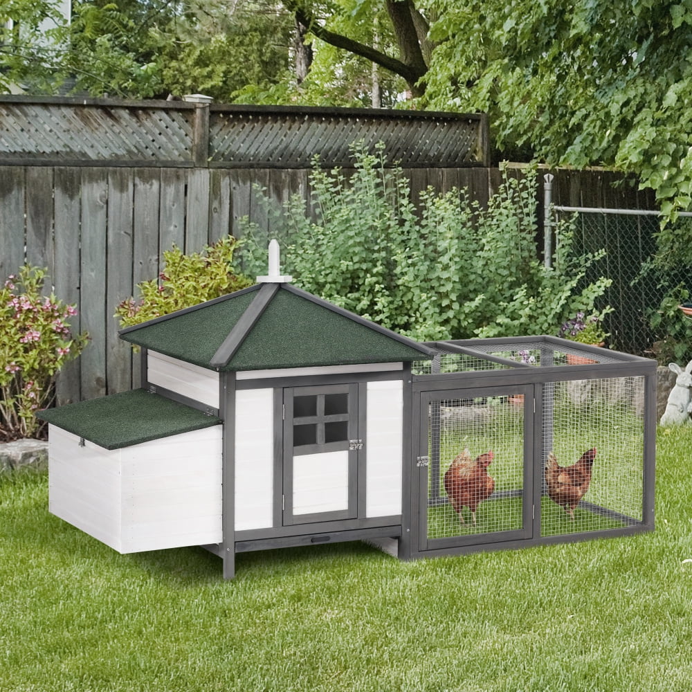 JHSLAJ 77" Wooden Chicken Coop with Nesting Box, Cute Outdoor Hen House with Removable Tray, Ramp Run, for Garden Backyard, Gray