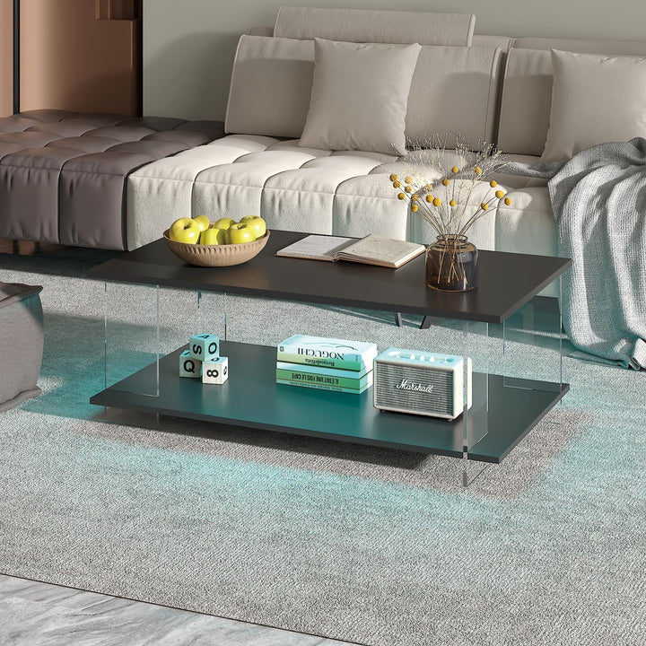 Hironpal 43" Acrylic Coffee Table with Black Wood Top, Minimalist Stylish Modern Rectangular Center Tables for Living Room, Led Living Room Table with Storage Shelf & Acrylic Frame for Small Space