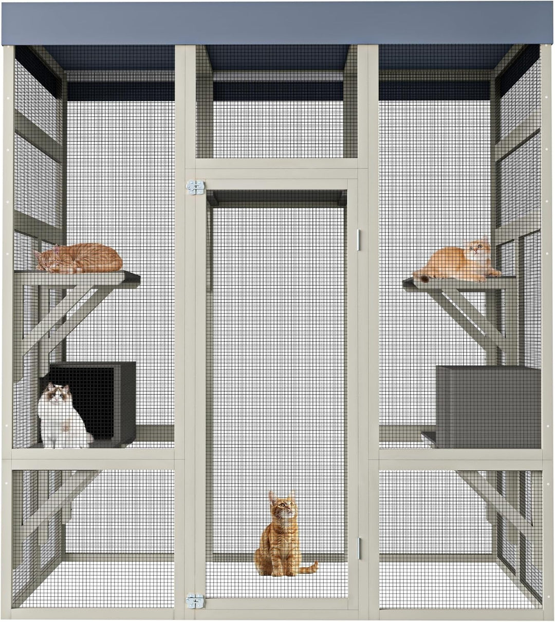 62.6 Inch Outdoor Cat House Big Catio Wooden Cat Shelter with Platforms, with 5 Platforms and 2 Rest Boxes, Upgraded Waterproof Cover, Rust-Proof Wire, Gray