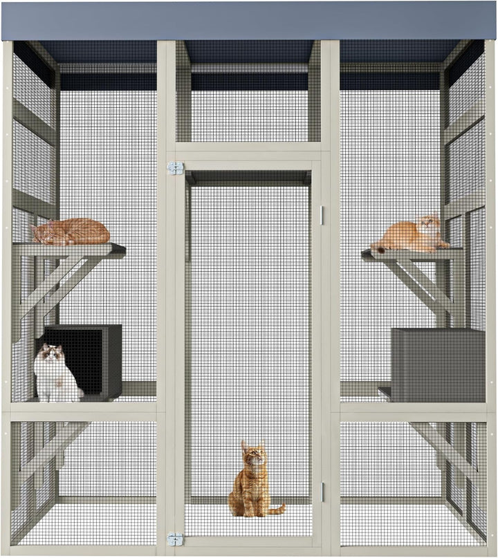 62.6 Inch Outdoor Cat House Big Catio Wooden Cat Shelter with Platforms, with 5 Platforms and 2 Rest Boxes, Upgraded Waterproof Cover, Rust-Proof Wire, Gray