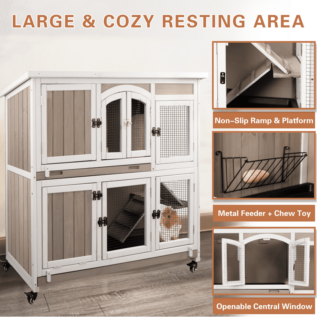 Gowoodhut Guinea Pig Cage Indoor Wooden 2-Story Rabbit Hutch on Wheels for Small Animals, Gray