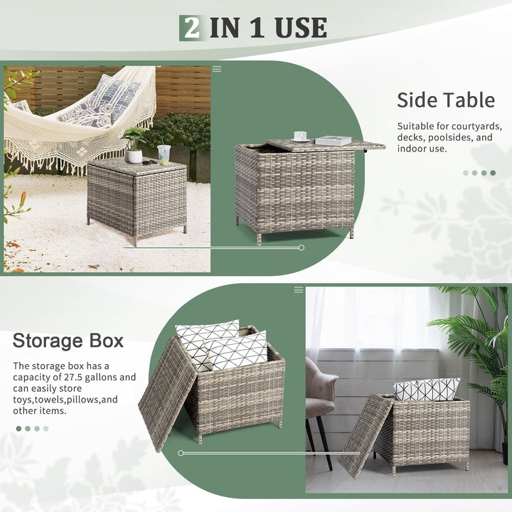 BAYUELSWU Outdoor Side Table with Storage, 27 Gallon Wicker Outdoor Side Table, Rattan Coffee Table All-Weather for Patio, Porch, Lawn (Grey)
