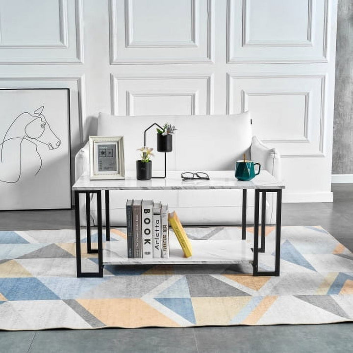 Coffee Table, 2 Layers 1.5Cm Thick Marble Mdf Rectangle 39.37" L Tabletop Iron Coffee Table , Dining Room, Coffee Shop, Resterant, White Top, Black Leg