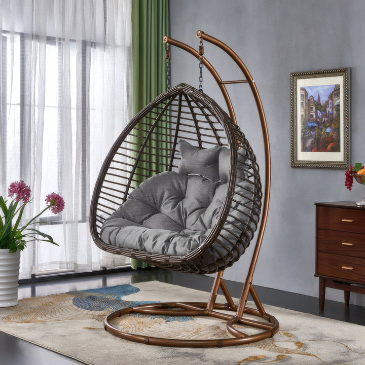 Modern Dark Brown Wicker Hanging 2 Person Egg Swing Chair