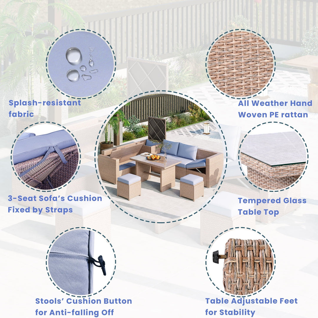 Olurrisa Outdoor 6-Piece All Weather PE Rattan Sofa Set, Garden Patio Wicker Sectional Furniture Set with Adjustable Seat, Storage Box, Removable Covers and Tempered Glass Top Table, Natural