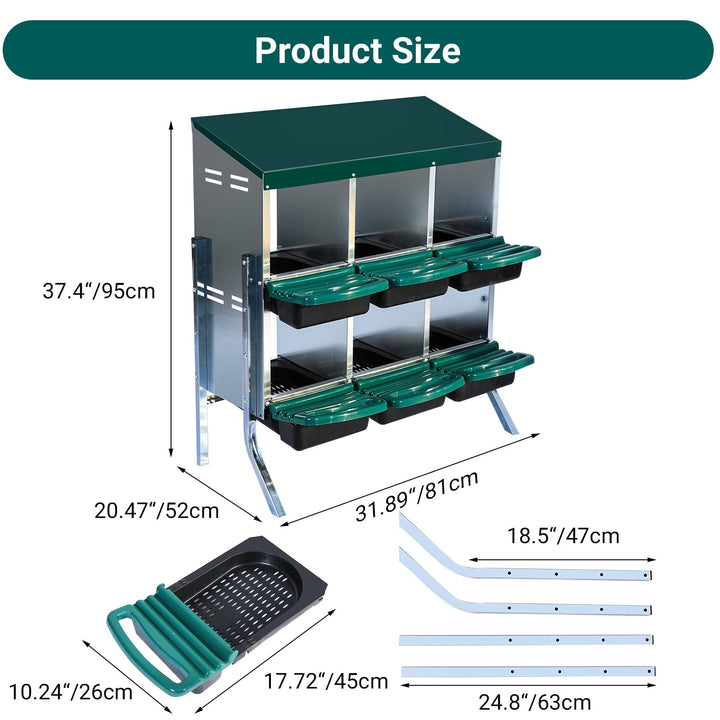 M optimized Chicken Nesting Box with 6 Compartments & Bracket Legs, Roll Away Laying Boxes for Hens, Lid Cover for Chicken Coop