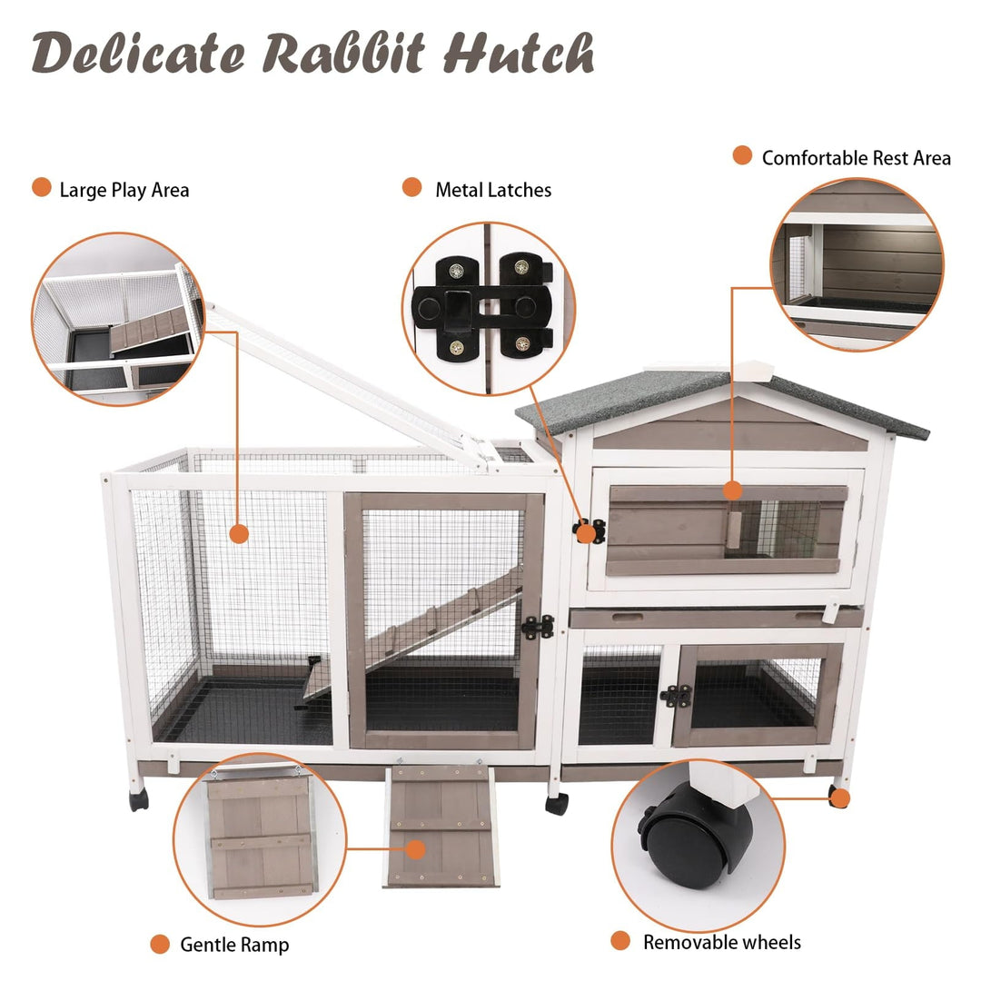 Gowoodhut Rabbit Hutch Indoor Bunny Hutch Wooden Rabbit Cage Indoor with Wheels for Small Animals