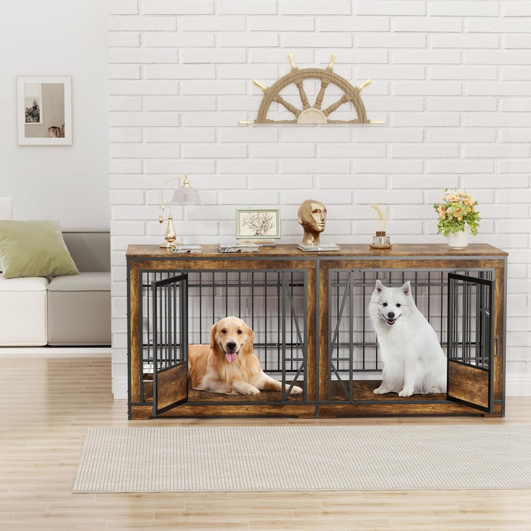 71 Inch Double Dog Crates Furniture for Large Dogs, Heavy Duty Dog Kennel Indoor with Adjustable Divider and 4 Bowls, XXL Dog Cage Furniture TV Stand Table for 2 Large Dogs, Brown