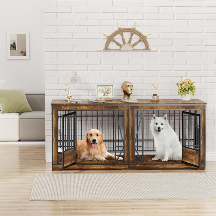 71 Inch Double Dog Crates Furniture for Large Dogs, Heavy Duty Dog Kennel Indoor with Adjustable Divider and 4 Bowls, XXL Dog Cage Furniture TV Stand Table for 2 Large Dogs, Brown