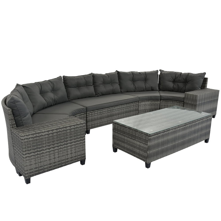 Baugery 8-Piece Half Moon Cruved Round Outdoor Sectional Sofa Furniture Set with Coffee Table, Grey/Beige