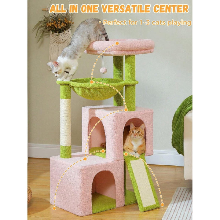 Road Large Cat Tree,41 Inches Multi-Level Cat Tower with 2 Spacious Condos for Large Indoor Cats,Pink Flower Cat House with Comfy Hammock
