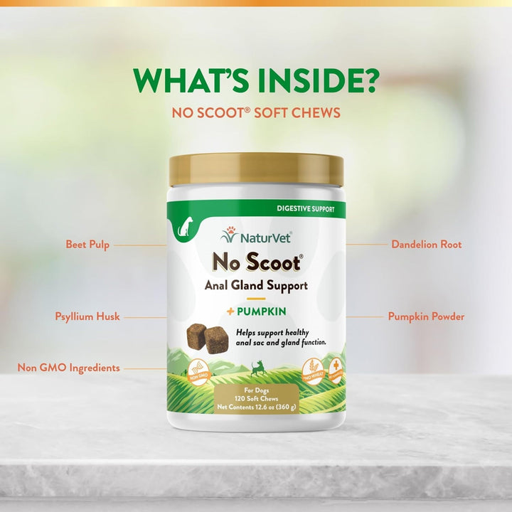 NaturVet No Scoot for Dogs Plus Pumpkin, Supports Digestion, Healthy Anal Gland & Bowel Function, 120 Soft Chews