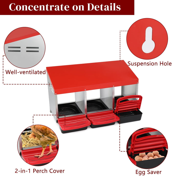ZephyPaws Metal Chicken Nesting Box with Plastic Basket, 3 Compartments Chickens Egg Laying Nest Boxes with Roll Out Egg Collection for Hens Chicken Coop, Red