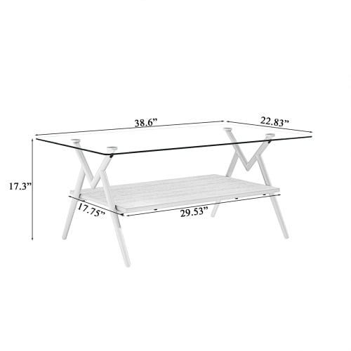 Modern Rectangle Tempered Glass Coffee Table with White Metal Legs - 38.6"L x 22.8"W x 17.3"H, White MDF Shelf, Living Room Center Table