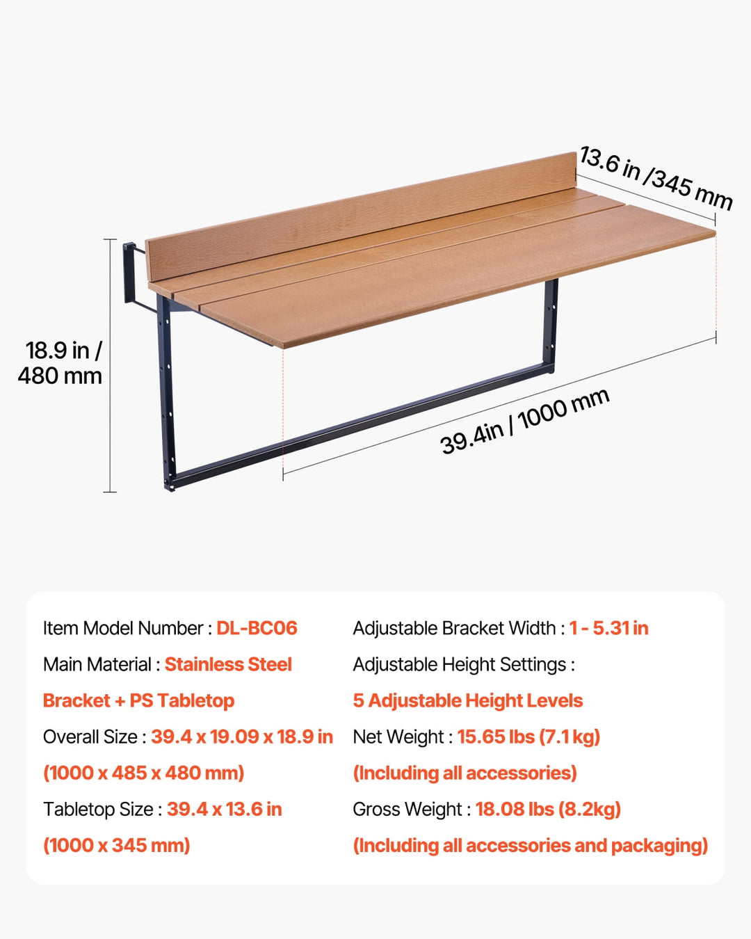 VEVOR Balcony Hanging Table, 15 x 39 in Folding Balcony Railing Table, Outdoor Balcony Bar Table for Railings, 5-Level Adjustable, Fit Railing from 1" to 5.3", Serving Table for Patio & Deck
