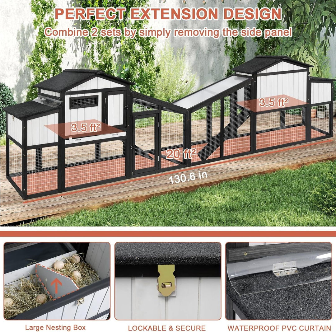 65.3"L Chicken Coop and Run, Expandable Wooden Hen House for 1-2 Chickens, 2 Story Poultry Cage with Nesting Box, Pull-Out Tray, Perches Indoor/Outdoor Pet Hutch Backyard Use, Combinable, Black