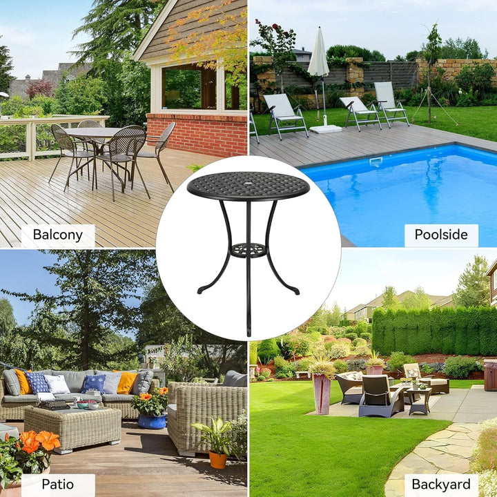 Garvee Round Patio Bistro Table 24 Inch, Cast Aluminum Outdoor Cafe Table with 2Inch Umbrella Hole, Metal Side Table for Porch,Backyard,Garden，Black