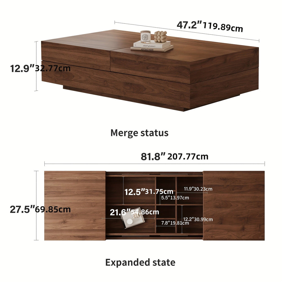 Mid-Century Modern Expandable Coffee Table with Large Storage, Centerpiece for Living Room, Walnut