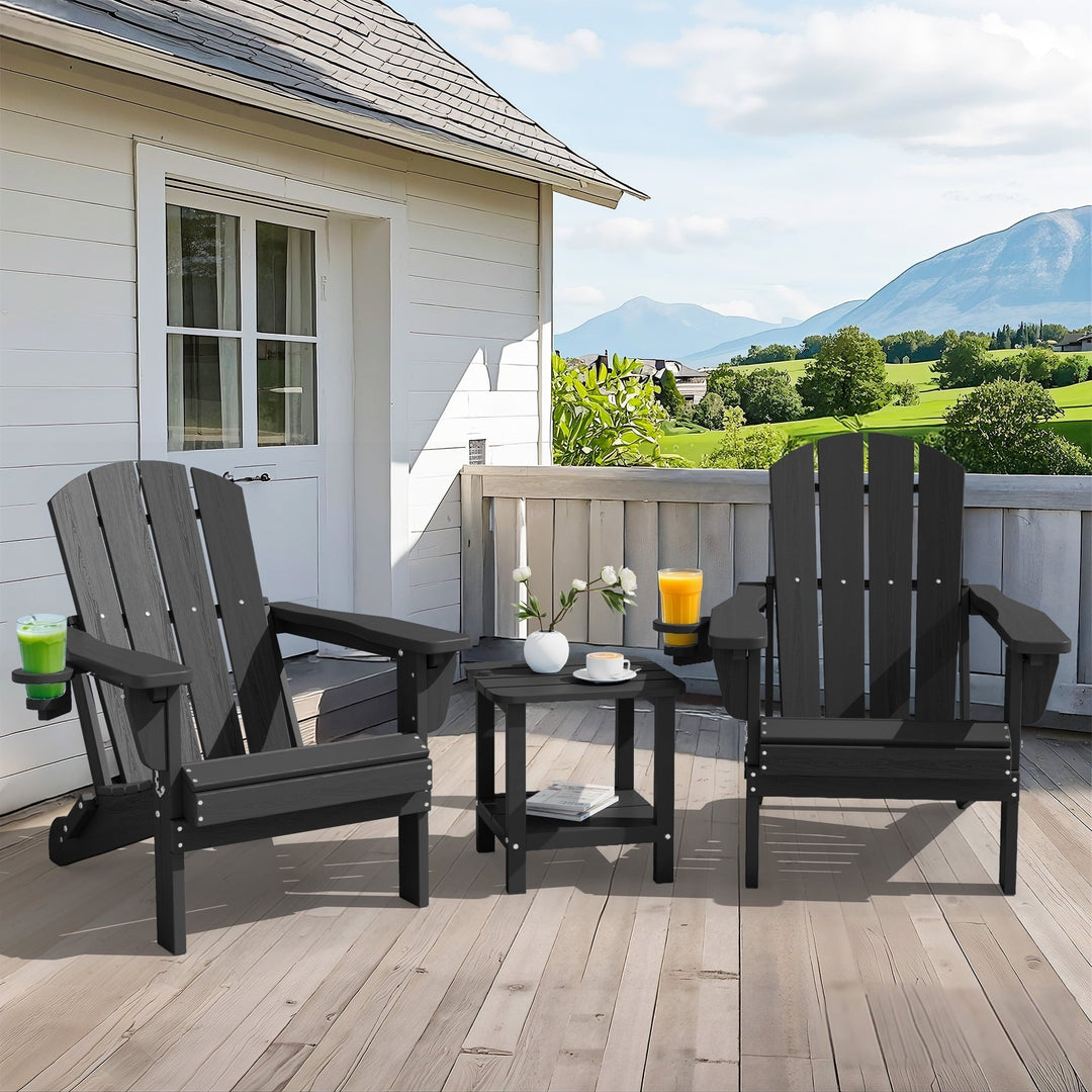 SERWALL 3PC Adjustable Folding Adirondack Chair set and Double Side Table, For Outdoor, Patio, Poolside, Garden, Black